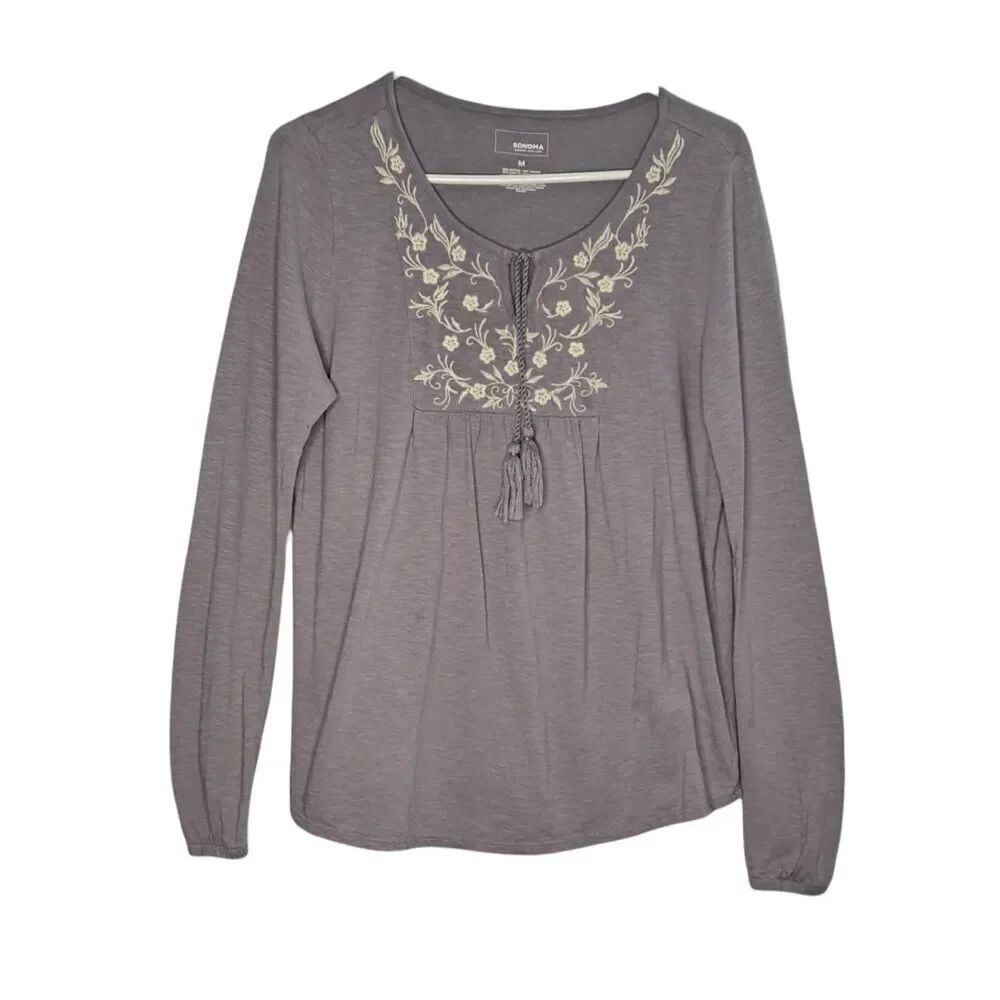 Sonoma Long Sleeve Boho Tassel Top Lavender Cream Embroidery Medium